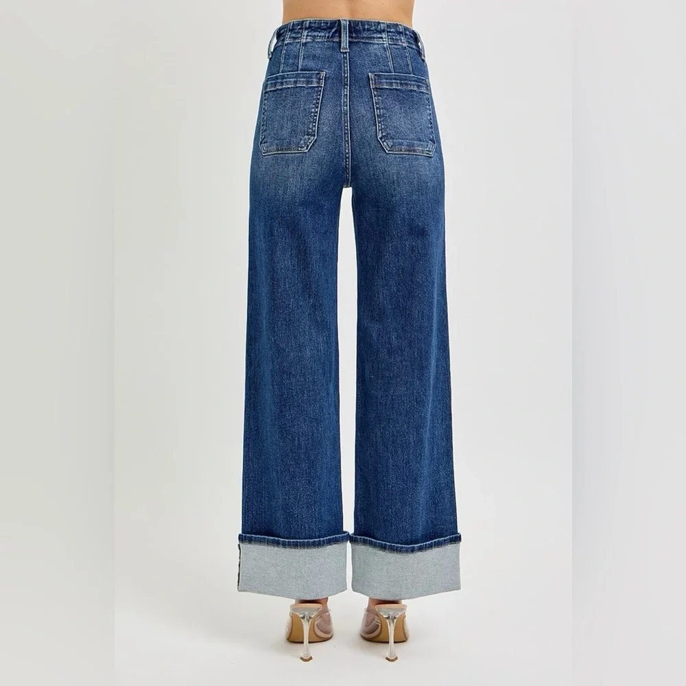 RDP5965X DARK Risen High Rise Ankle Wide ButtonDown Front PatchPocketCuffedJeans - Picture 2 of 3